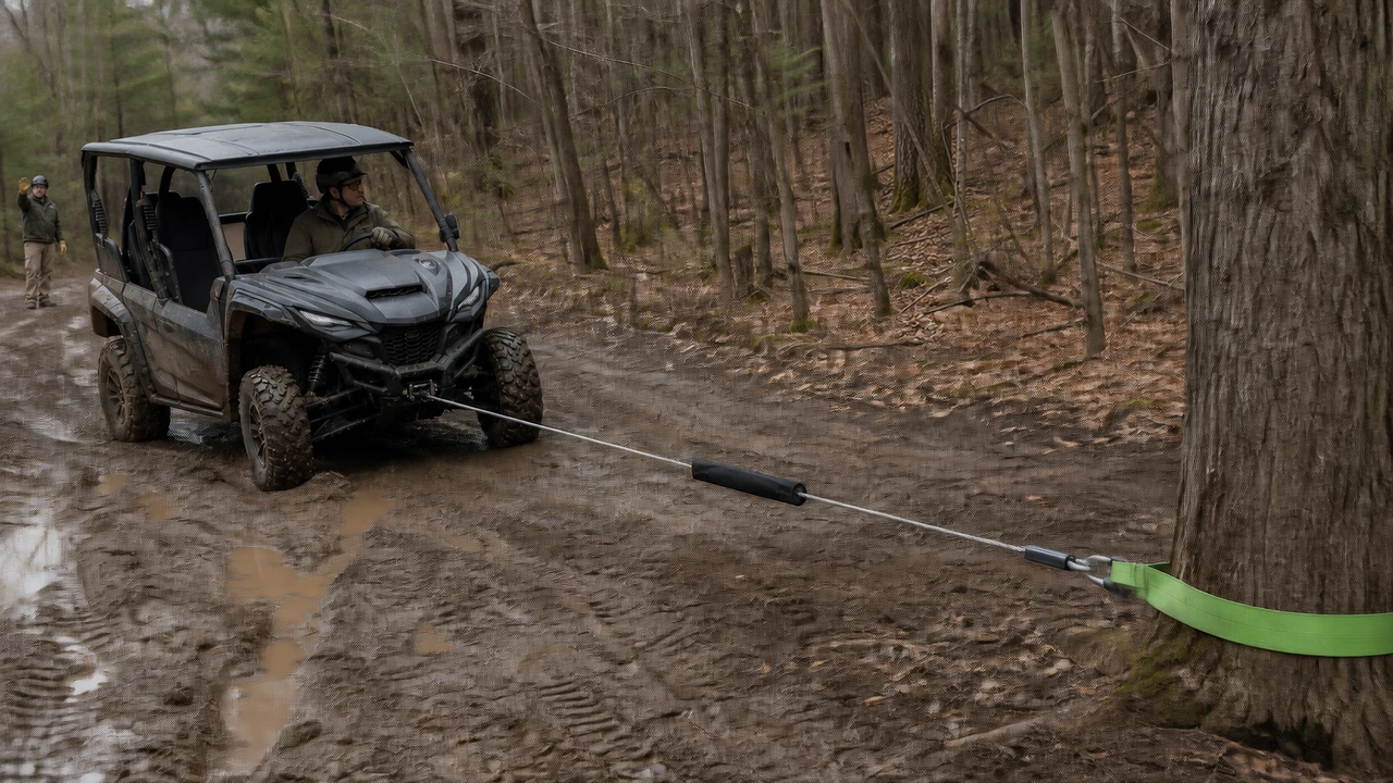 Side-by-side UTV paused before winching, with a tree-saver strap, rope damper and a spotter giving a stop signal from behind the vehicle