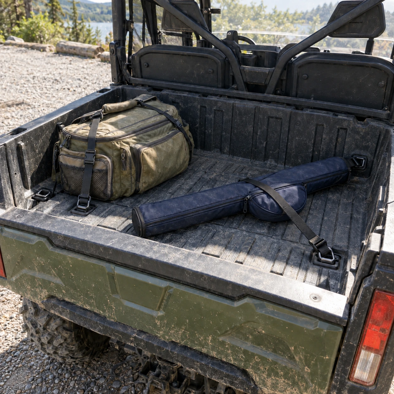 Closed fishing bags secured inside a parked UTV cargo bed