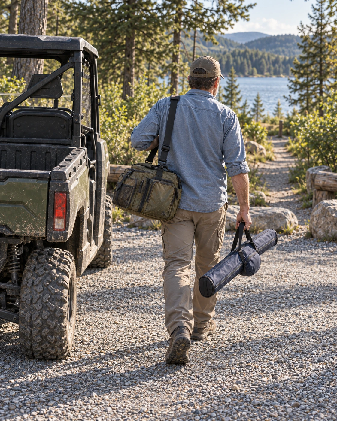 An angler carries a rod case and tackle bag away from a parked UTV