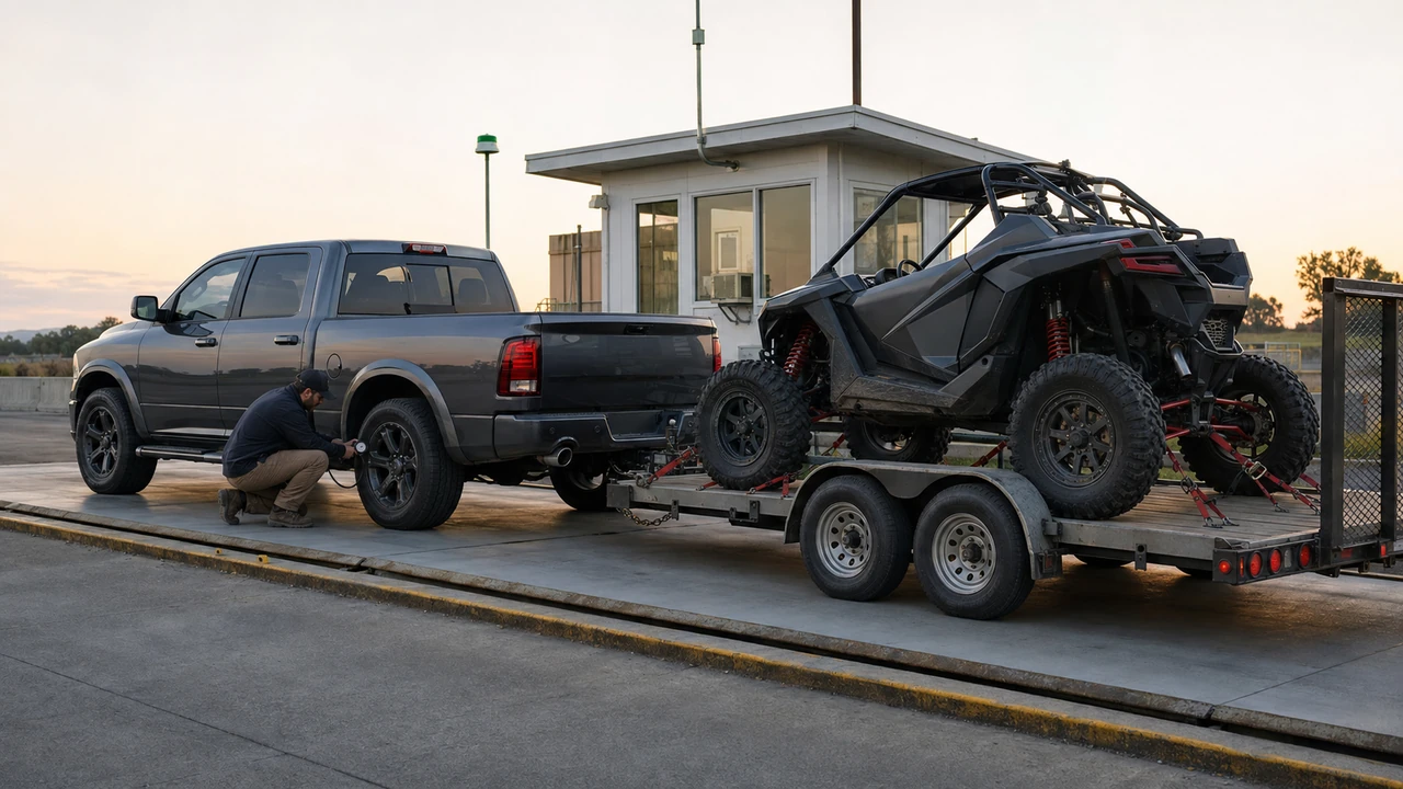 2025 Ram 1500 Crew Cab towing a Polaris RZR XP on a dual-axle open trailer at a vehicle scale while the rear tire pressure is checked